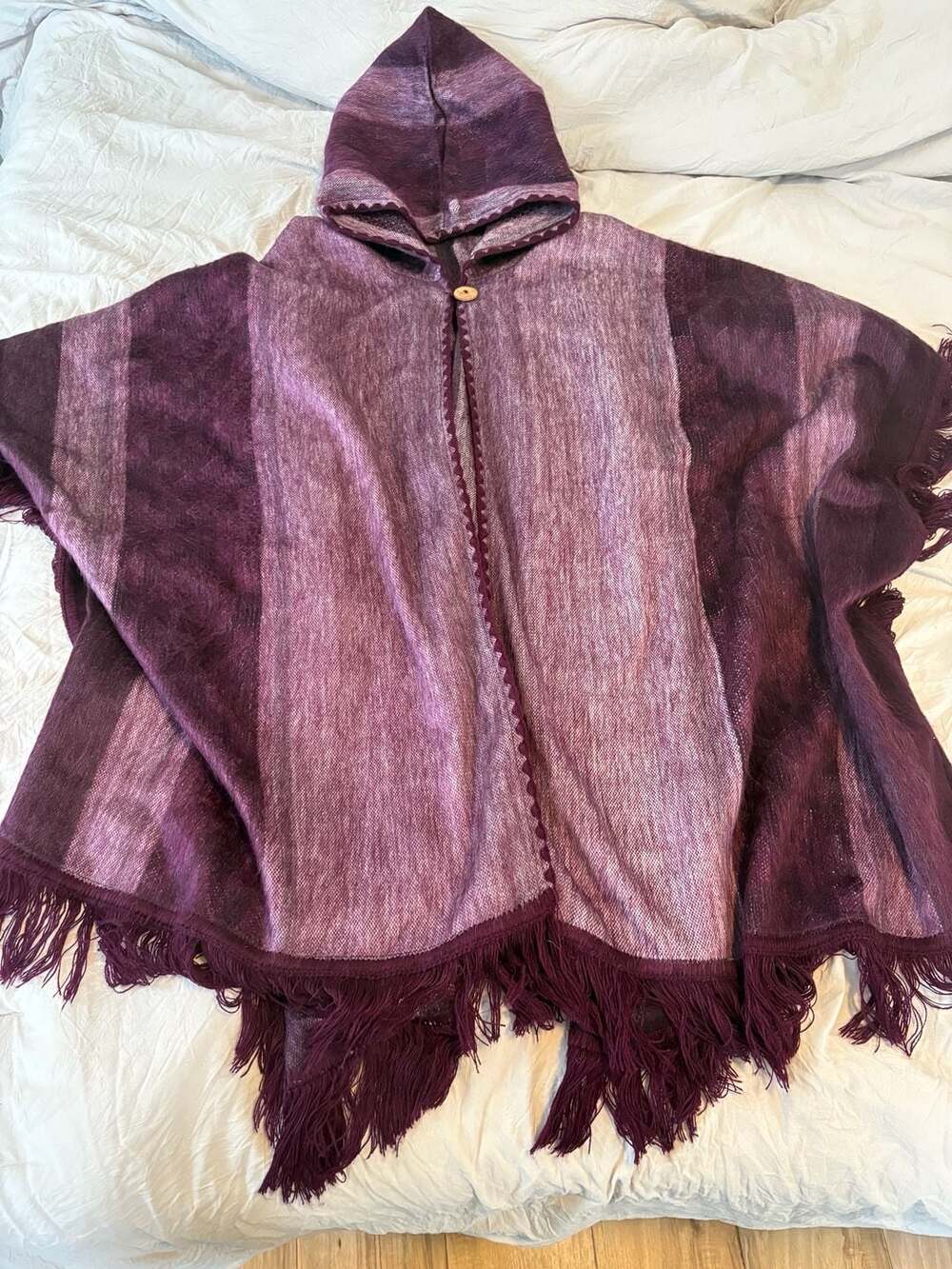 Yarima Alpaca Cotton Hooded Poncho One Size Purple Fringe Cape